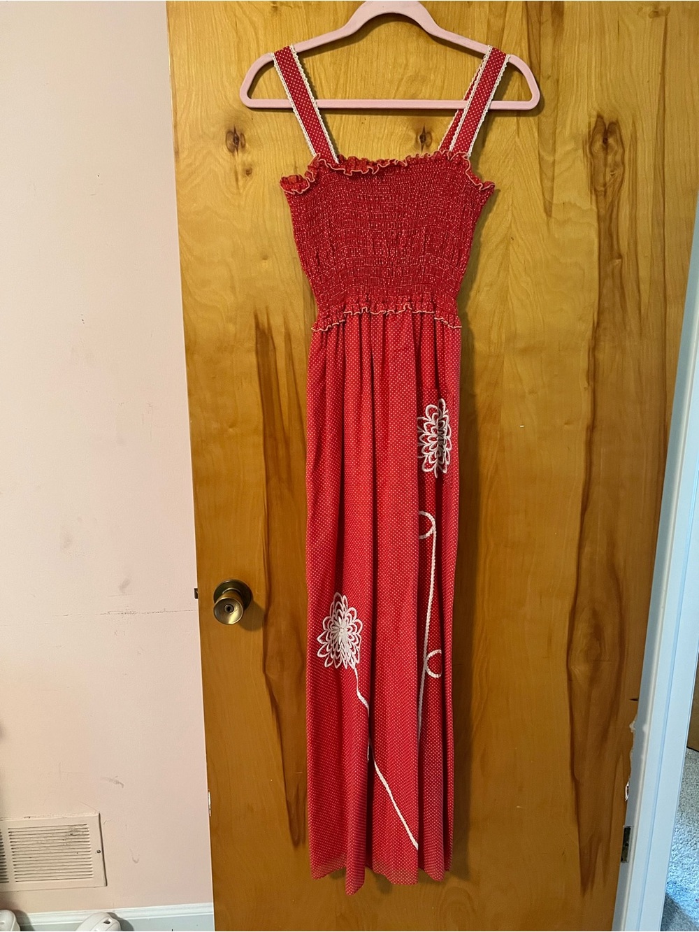 Vintage! Red Smocked Maxi Dress with White Floral Detail
